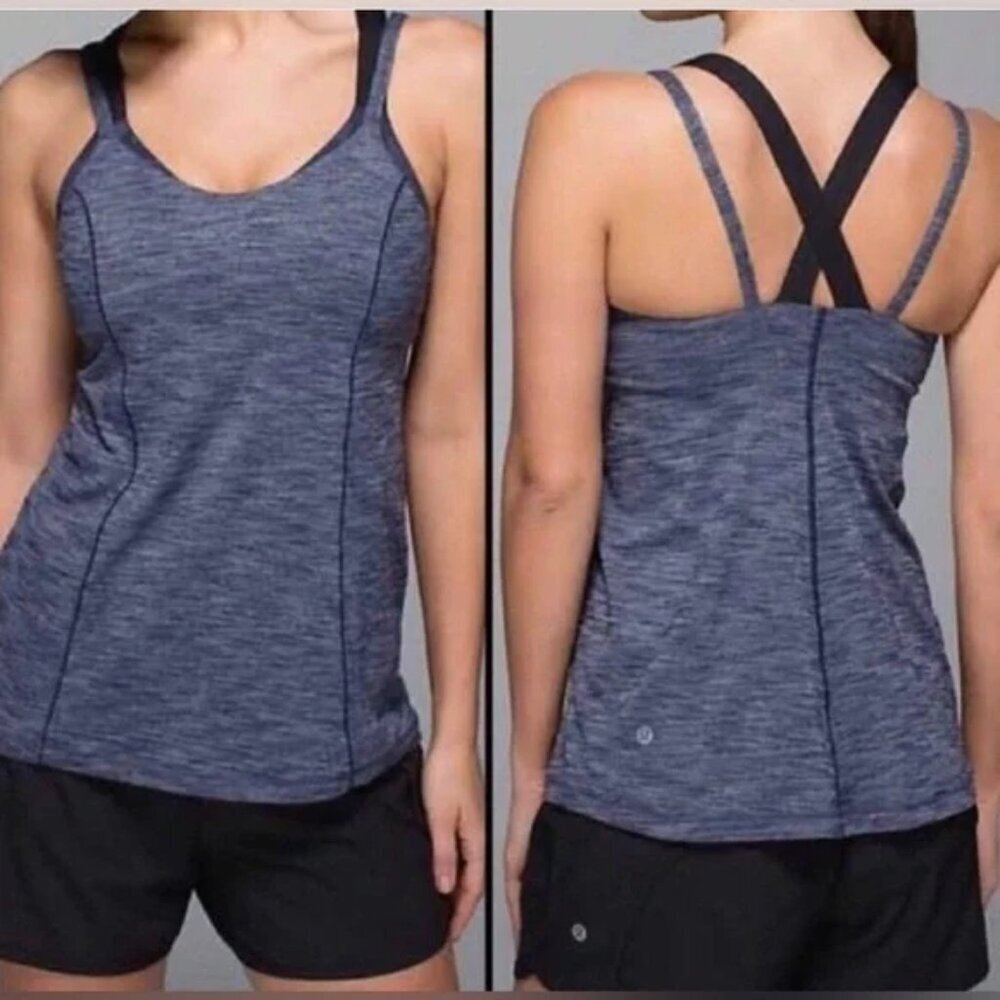 Lululemon Run For Gold Tank Top Size 6 Blue Built in Bra Yoga Athletic Workout